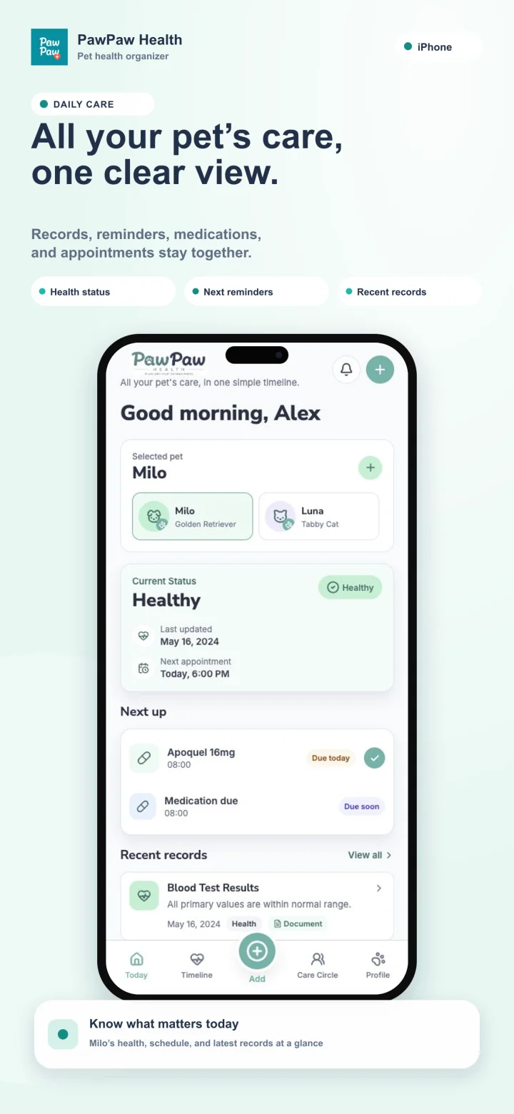 PawPaw Health home screen with pet care records and reminders